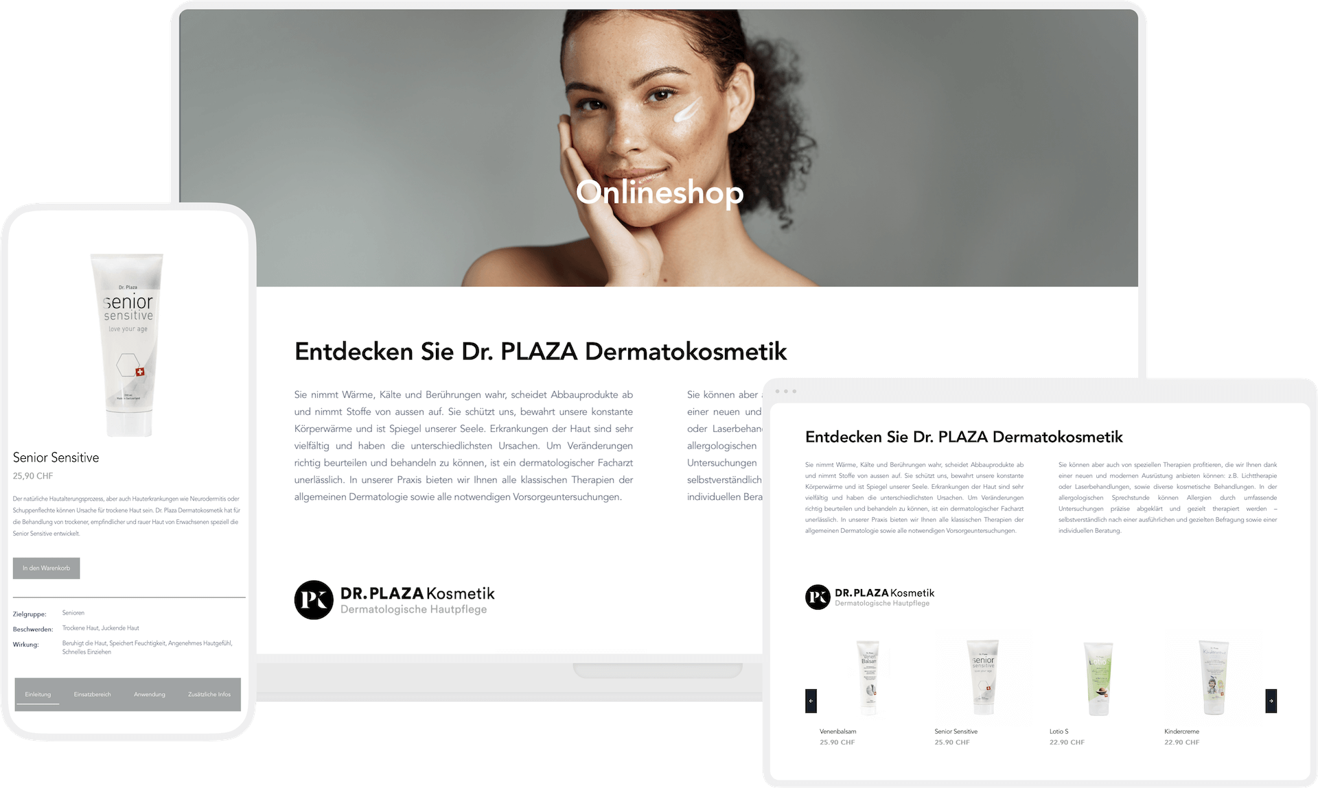 Übersicht der von Dr. Plaza Kosmetik, dem Webshop der Plazaklinken. Es wird eine Produktübersicht und ein Bestellbildschirm auf dem Handy gezeigt