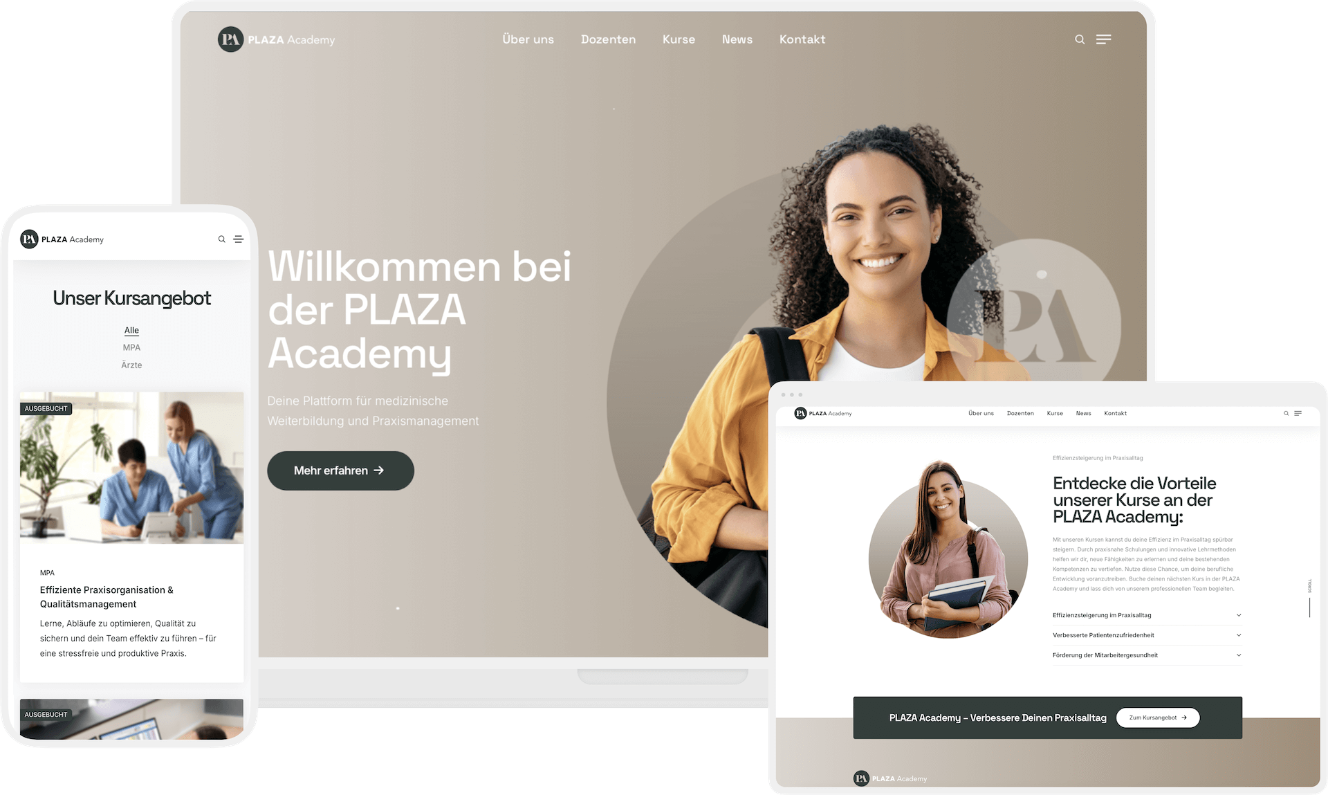 Screenshot der Plaza‑Academy Website mit Kursinformationen, einer Hauptseitenansicht und einem Screenshot der Infoseite