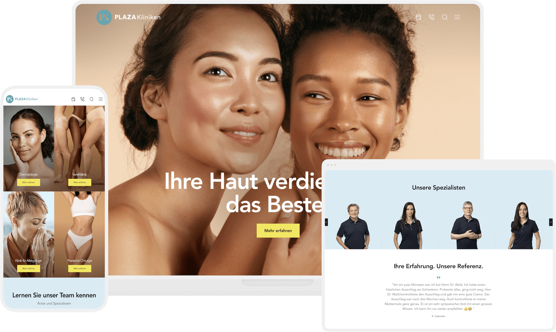 Screenshot der Plaza‑Kliniken Website mit Headline, Teaser‑Text und mehreren Themen‑Vorschaubildern.